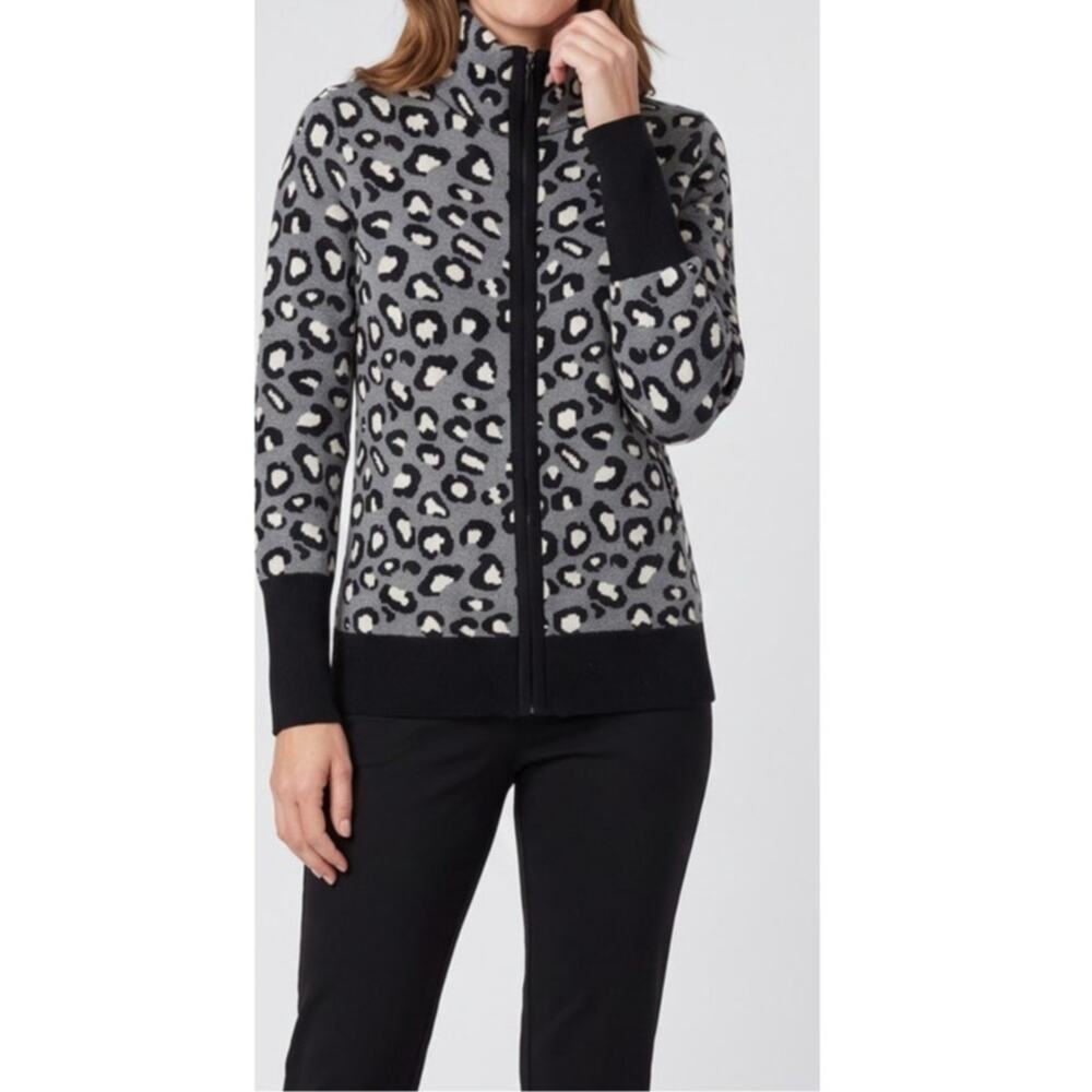 Rachel Zoe S Full Zip Front Gray Black Leopard Print Mock Neck Cardigan Sweater